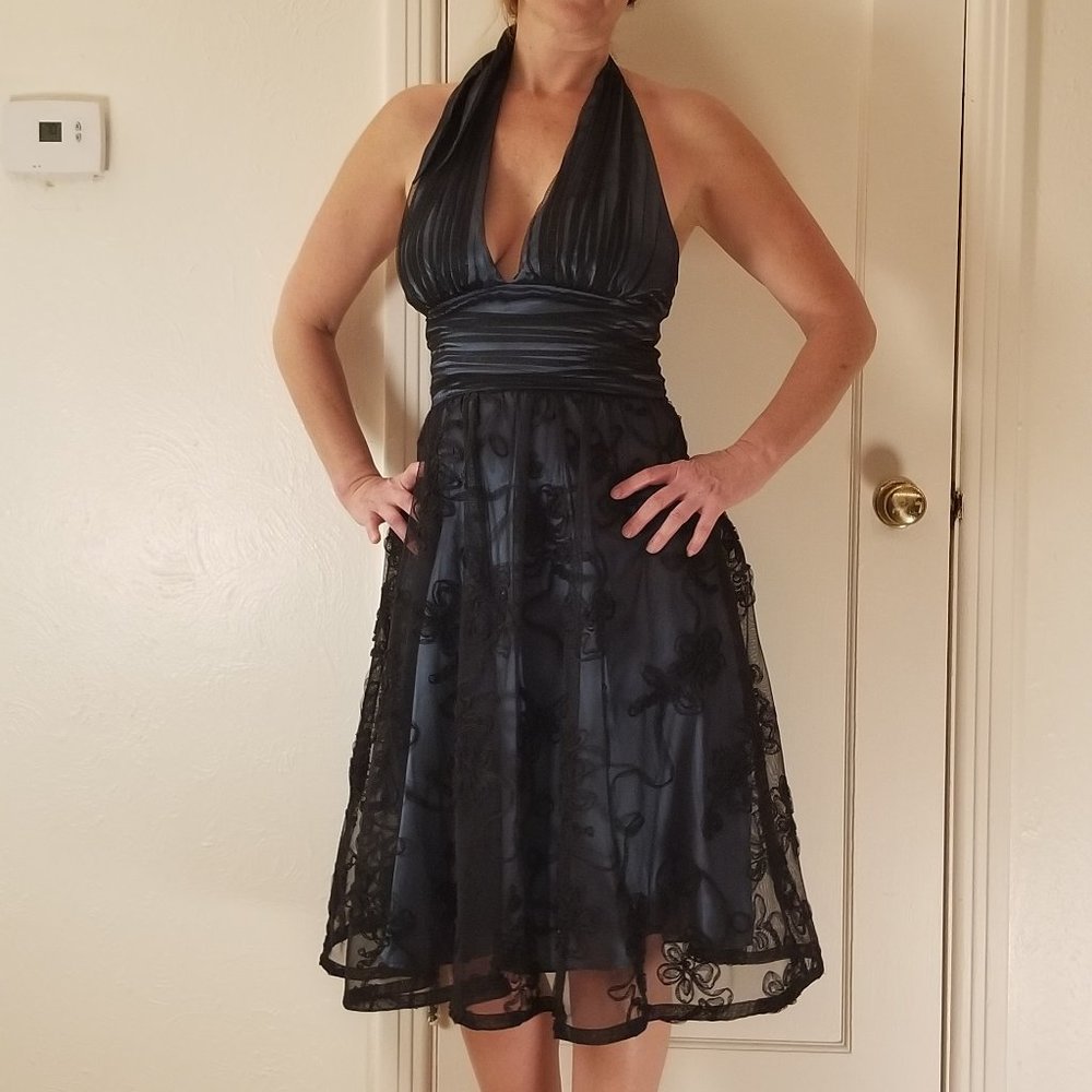 Adrianna Papell Teal Blue and Black Overlay Halter Dress